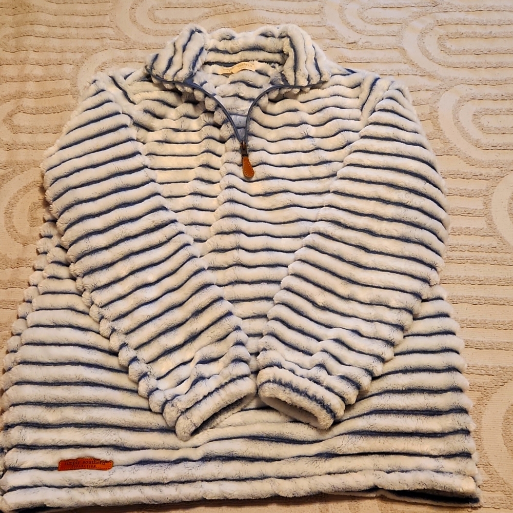Simply Southern Luxe Pullover Striped Faux Fur Quarter Zip Steel Blue Small